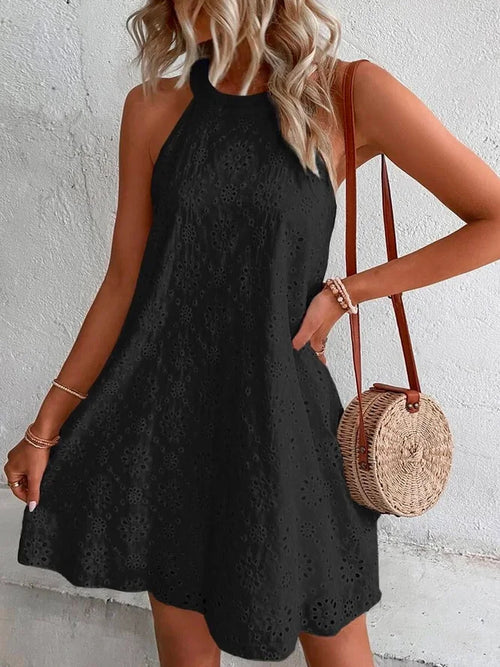 Halter Neck Sleeveless Hollow Out Eyelet Mini Summer Dress