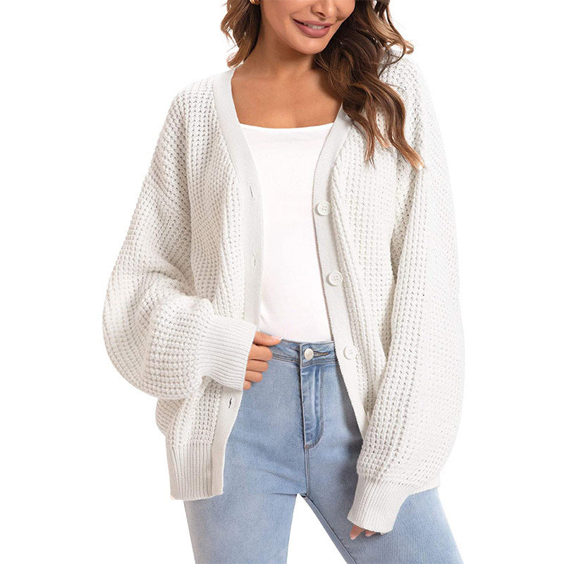 Women's Chunky Waffle Knit Cardigan, V Neck Lantern Sleeve Button Down Loose Knitted Sweater Coat