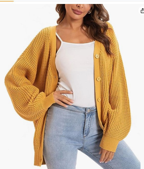 Women's Chunky Waffle Knit Cardigan, V Neck Lantern Sleeve Button Down Loose Knitted Sweater Coat