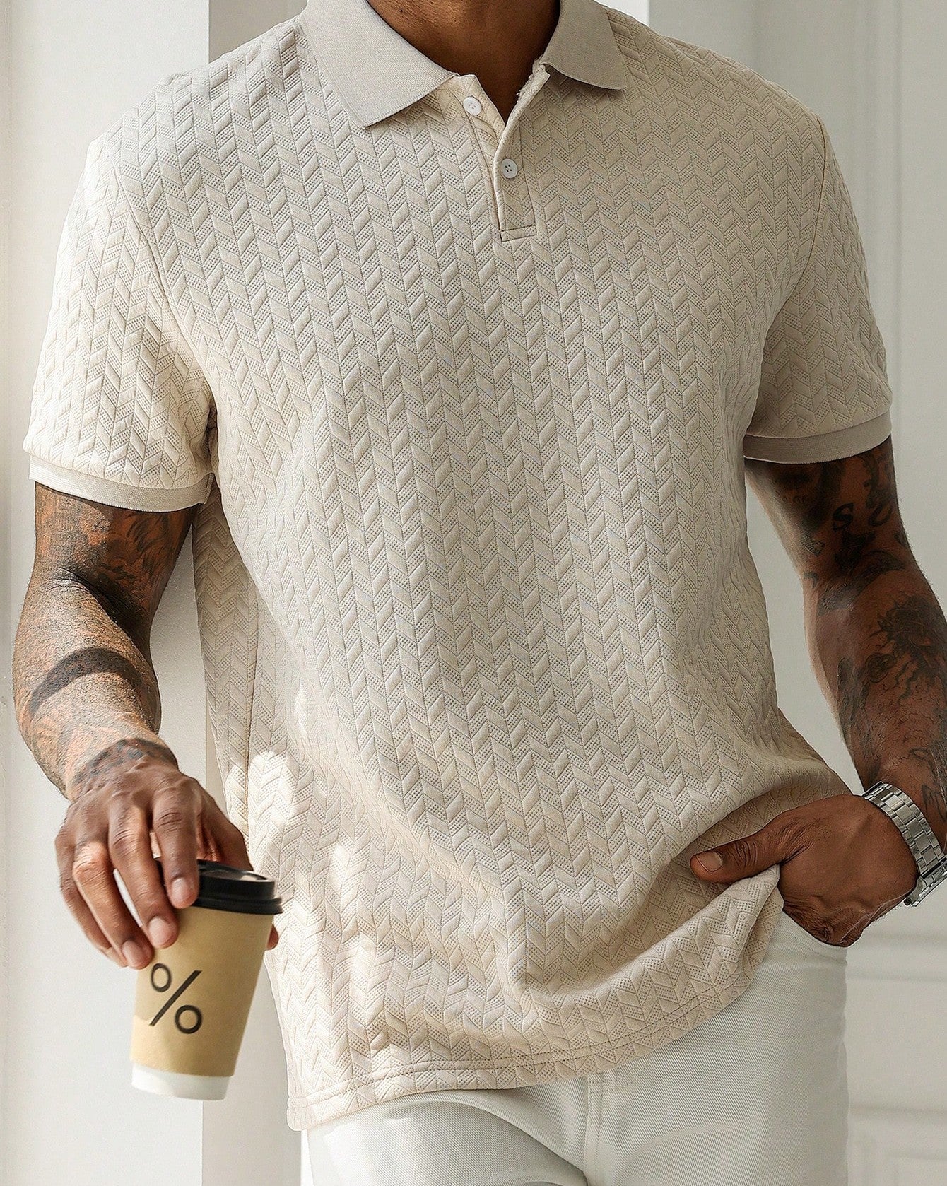 Men's Textured Short‑Sleeve Polo Shirt, Solid Color Casual Knit Top