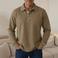 Men's Denim Style Long Sleeve Polo Shirt, Casual Collared Henley Top