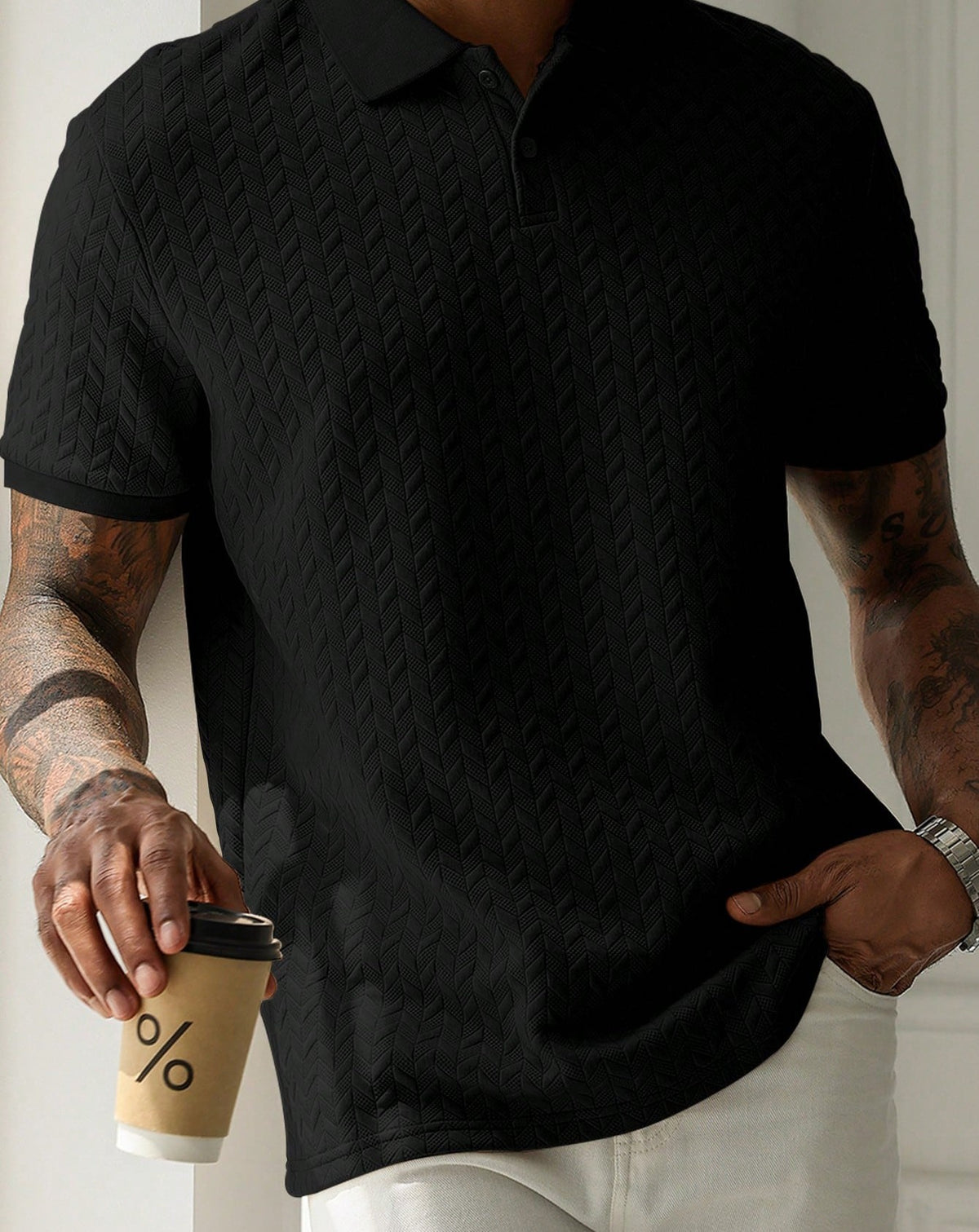Men's Textured Short‑Sleeve Polo Shirt, Solid Color Casual Knit Top