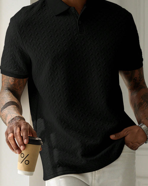 Men's Textured Short‑Sleeve Polo Shirt, Solid Color Casual Knit Top