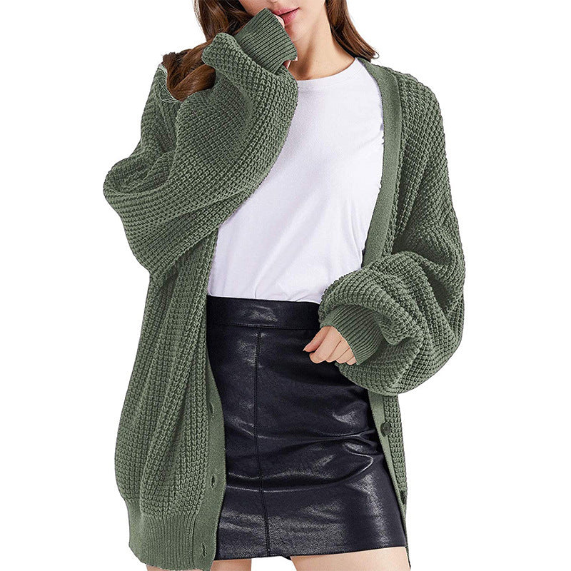 Women's Chunky Waffle Knit Cardigan, V Neck Lantern Sleeve Button Down Loose Knitted Sweater Coat