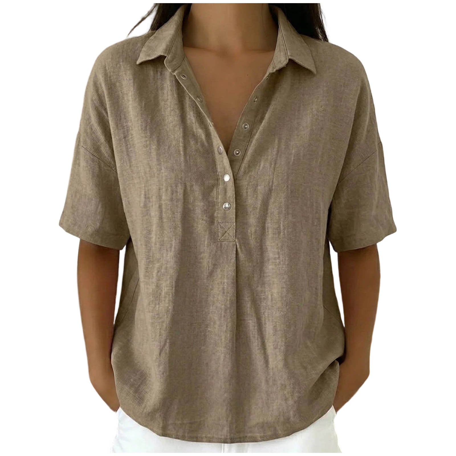 Loose Fit Linen Blend Lapel Short Sleeve Casual Shirt For Women