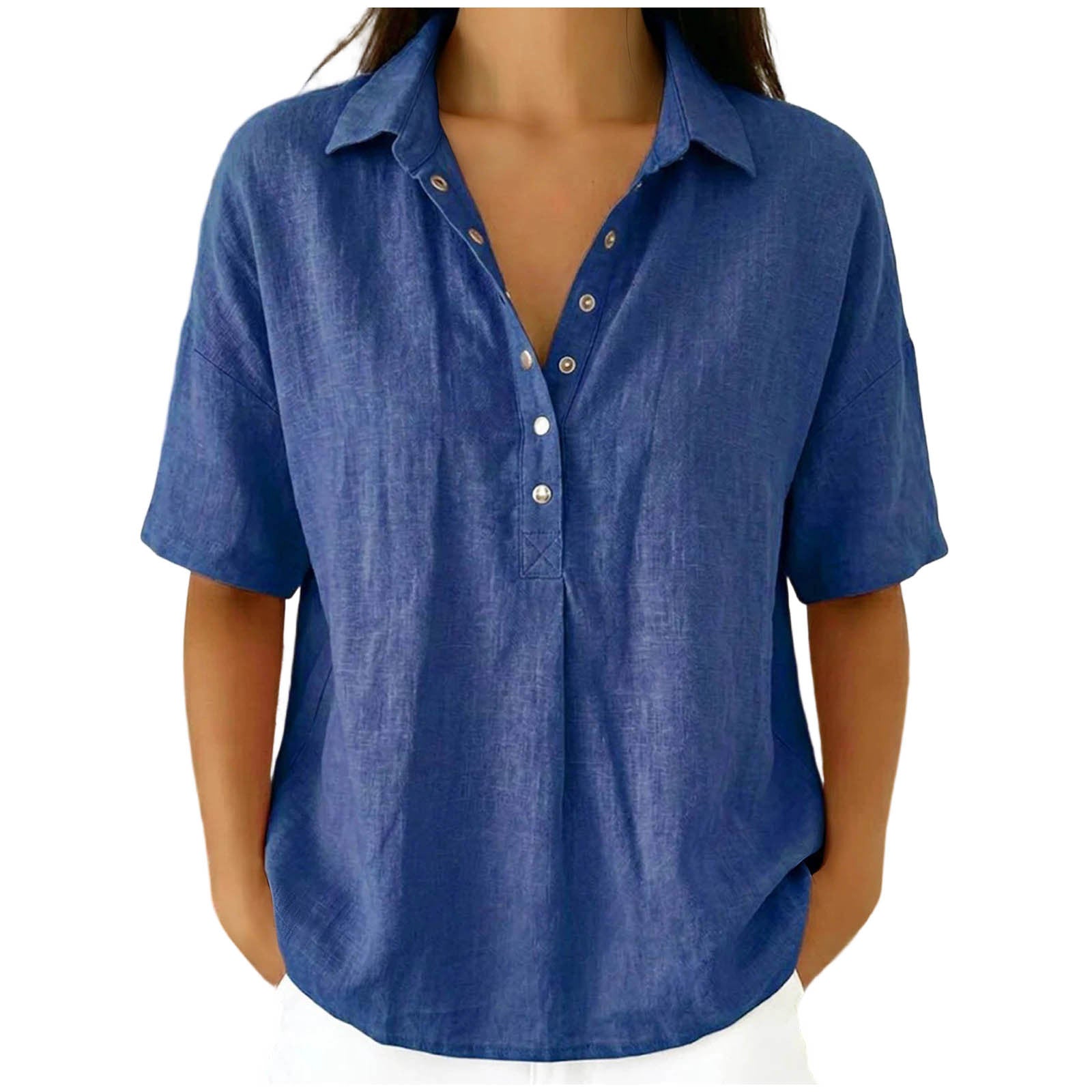 Loose Fit Linen Blend Lapel Short Sleeve Casual Shirt For Women
