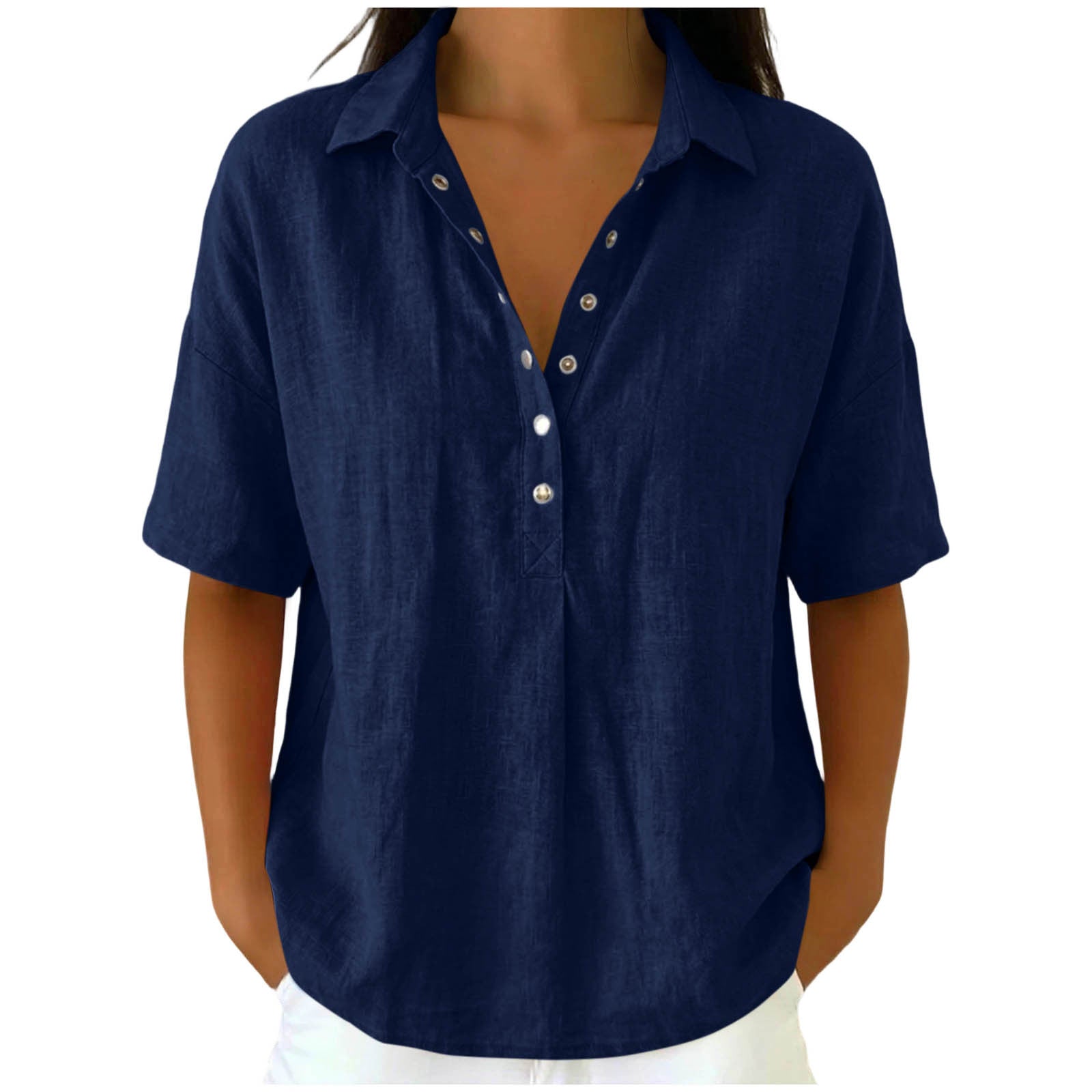 Loose Fit Linen Blend Lapel Short Sleeve Casual Shirt For Women