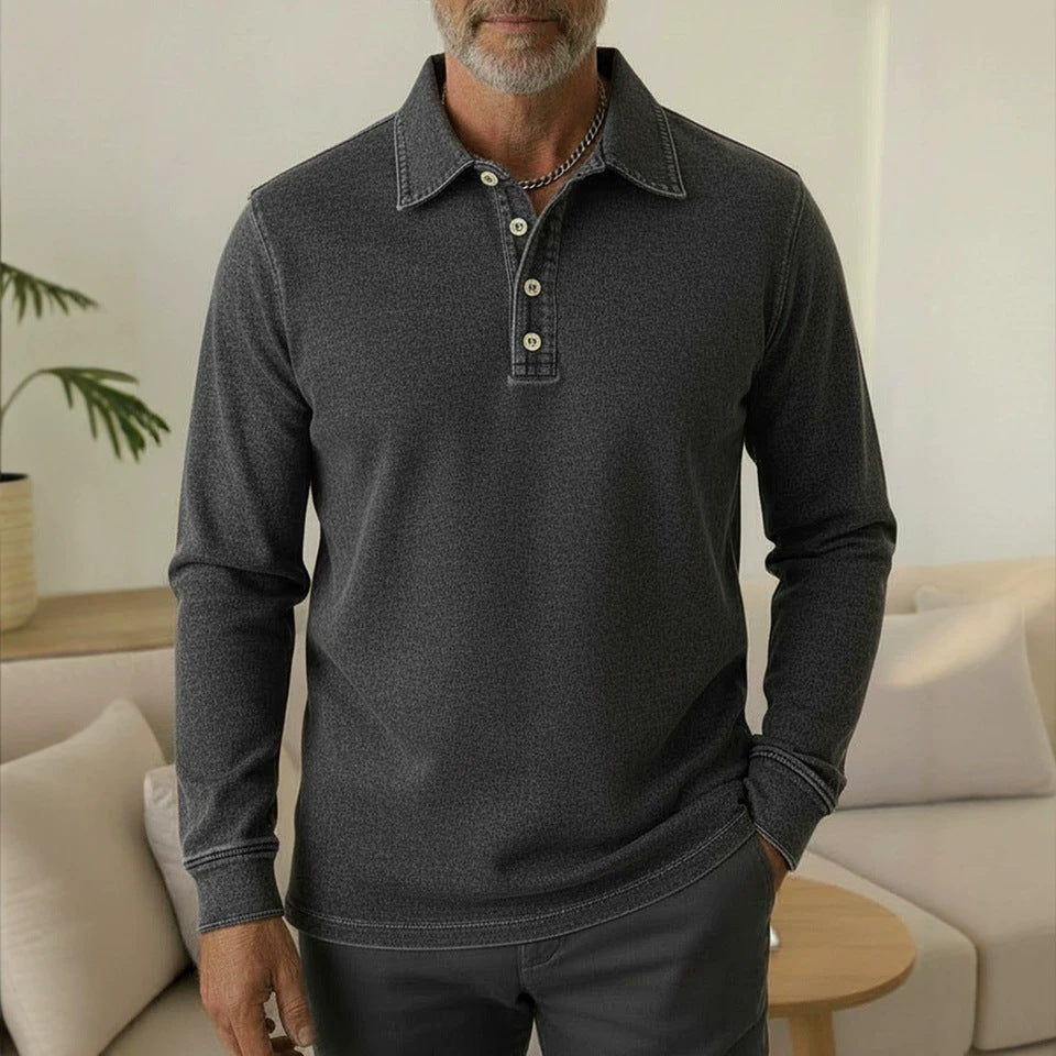 Men's Denim Style Long Sleeve Polo Shirt, Casual Collared Henley Top