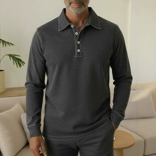 Men's Denim Style Long Sleeve Polo Shirt, Casual Collared Henley Top