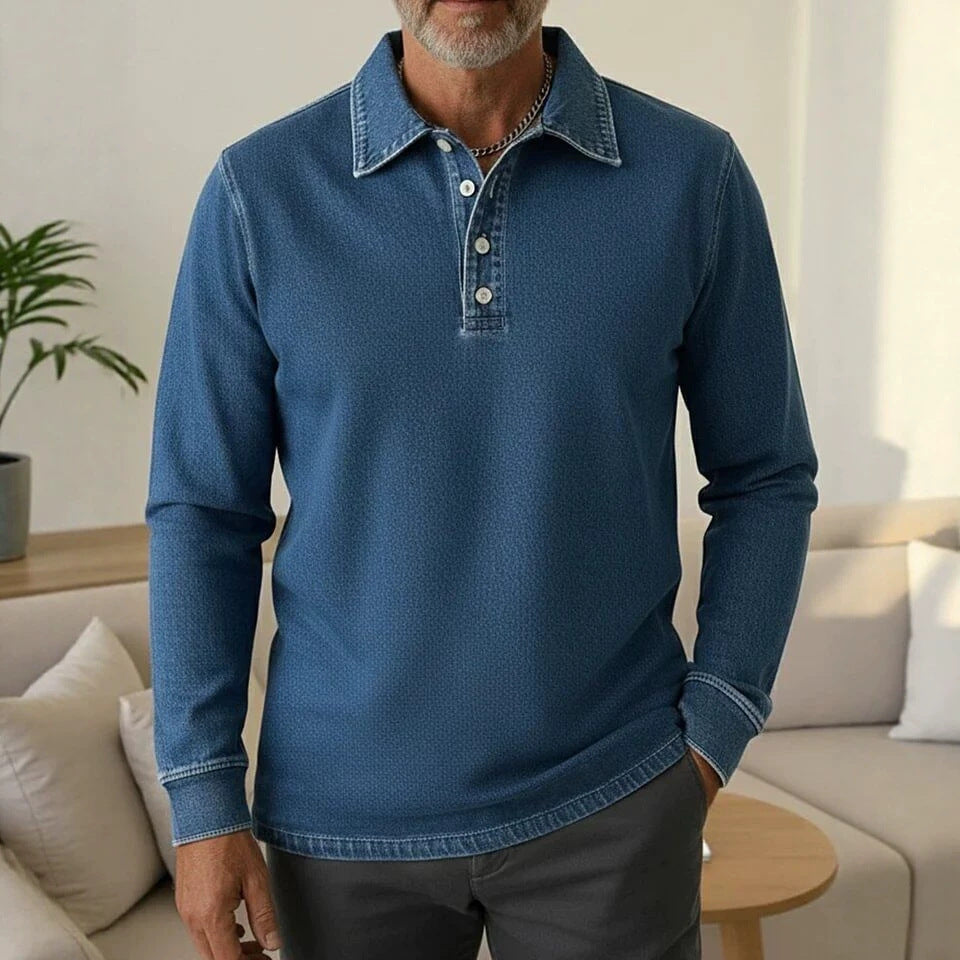 Men's Denim Style Long Sleeve Polo Shirt, Casual Collared Henley Top