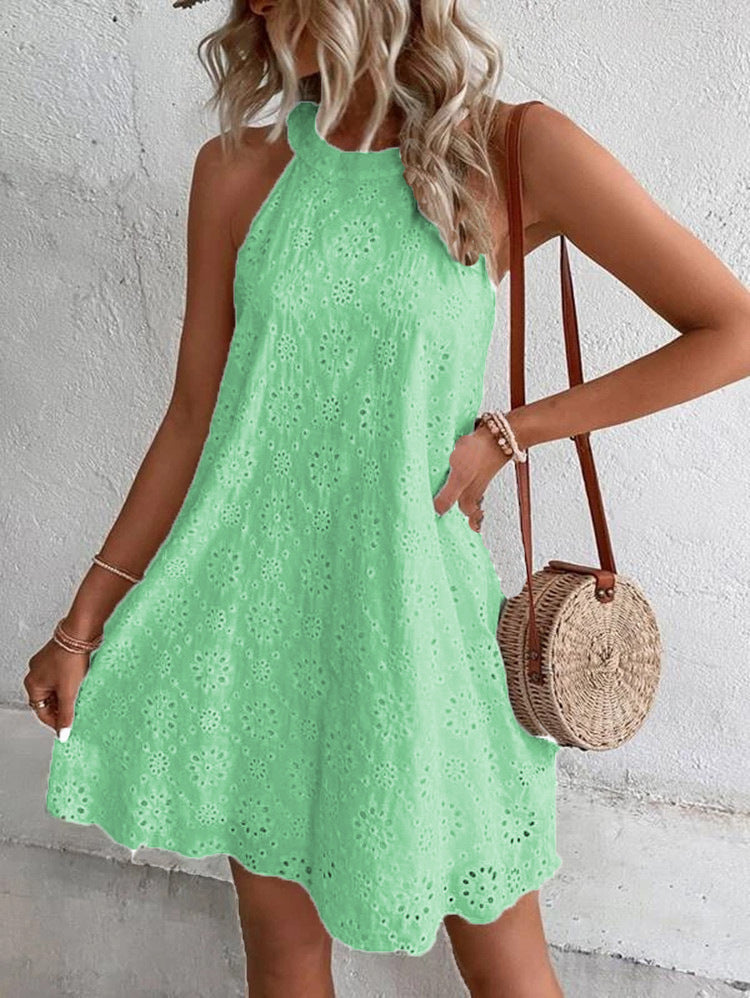 Halter Neck Sleeveless Hollow Out Eyelet Mini Summer Dress