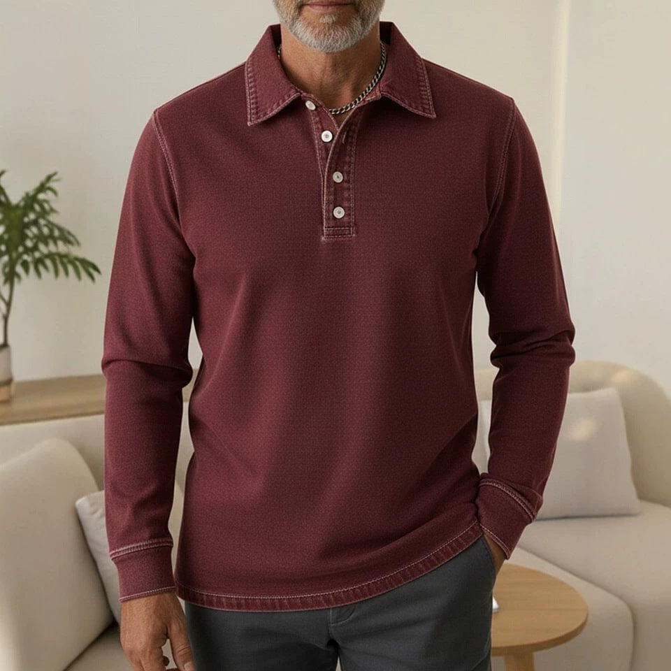 Men's Denim Style Long Sleeve Polo Shirt, Casual Collared Henley Top
