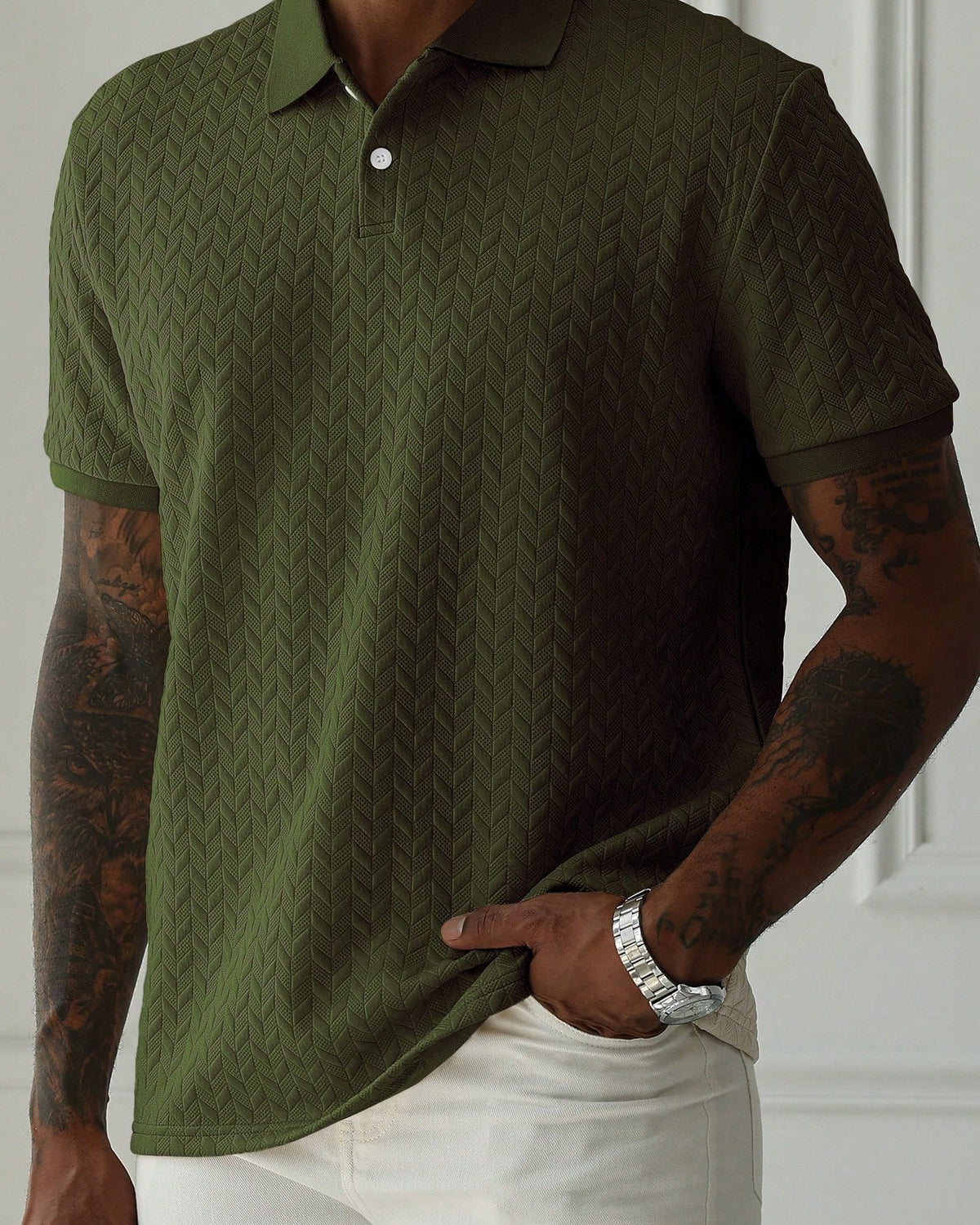 Men's Textured Short‑Sleeve Polo Shirt, Solid Color Casual Knit Top