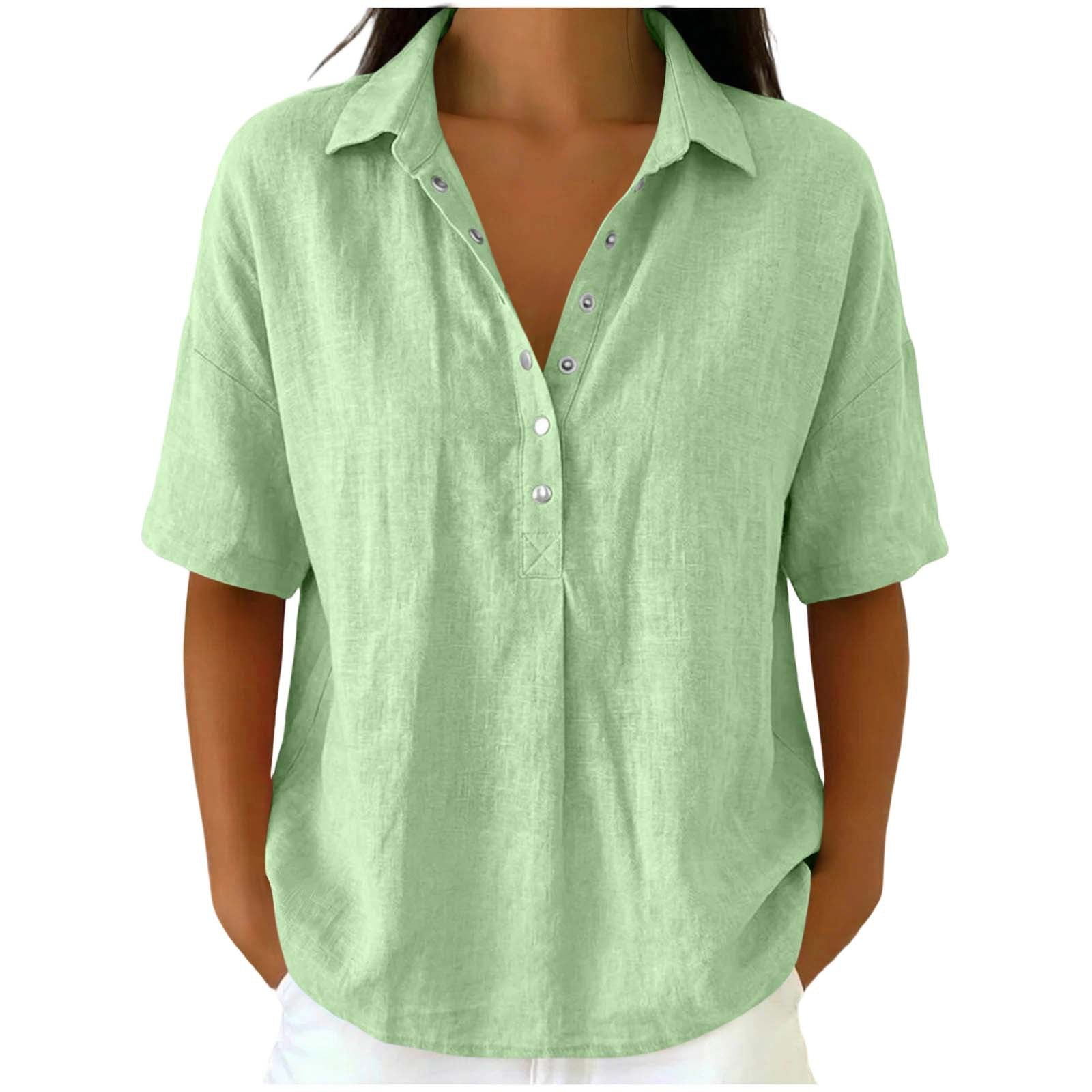 Loose Fit Linen Blend Lapel Short Sleeve Casual Shirt For Women