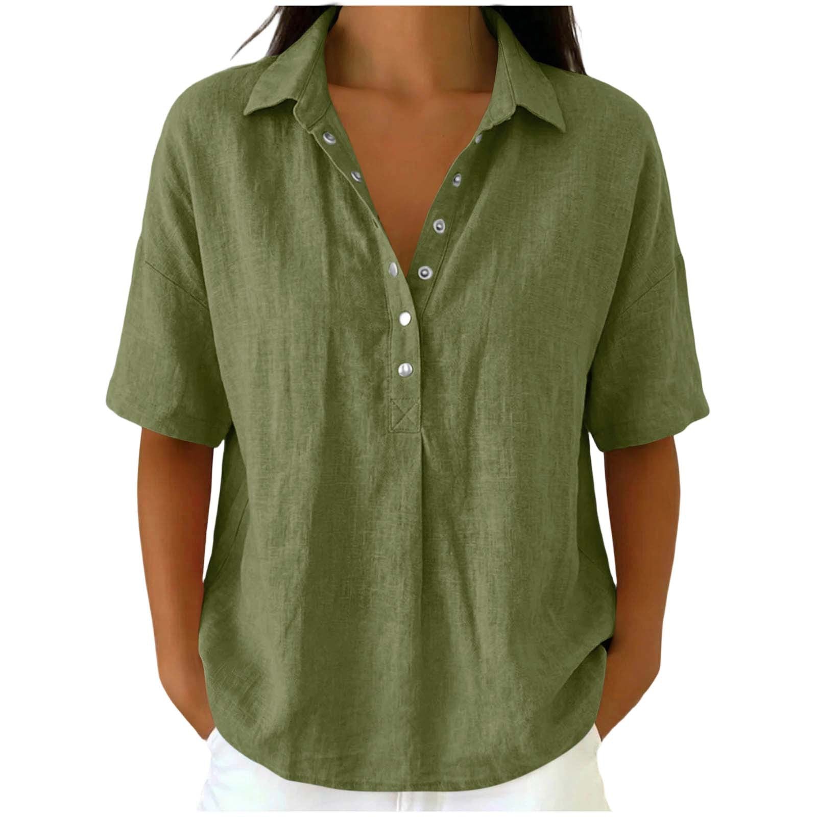 Loose Fit Linen Blend Lapel Short Sleeve Casual Shirt For Women